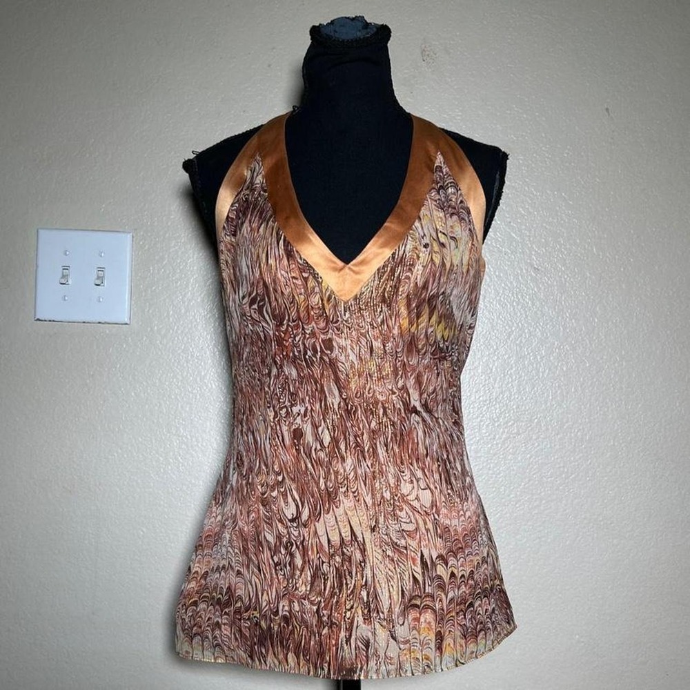 Laundry by Shelli Segal Y2K Abstract Swirl Top Small Brown Gold Boho Satin Trim